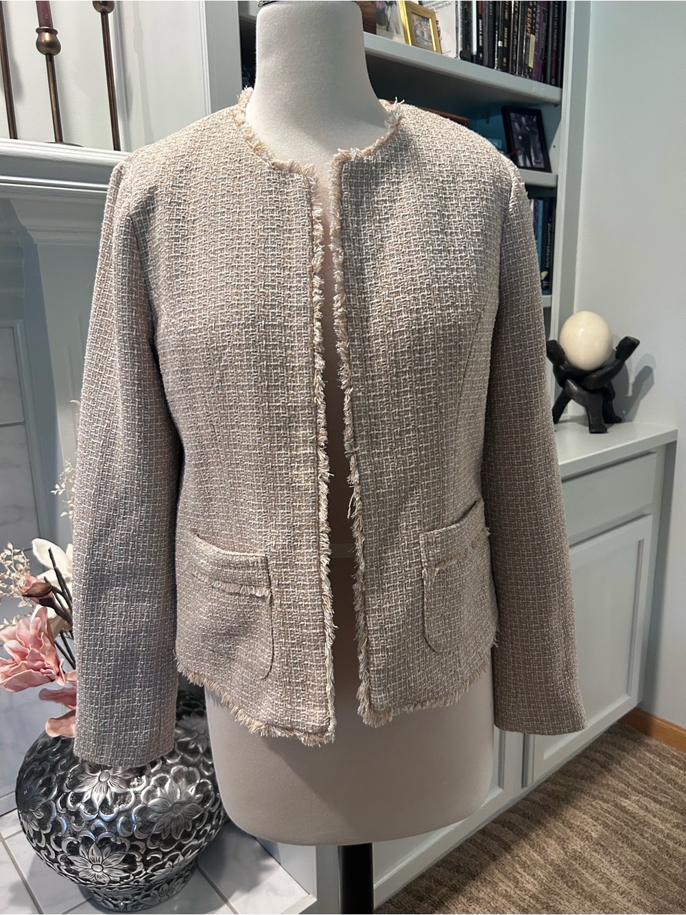 Nanette Lepore Neutral Tweed Fringe-Trim Jacket